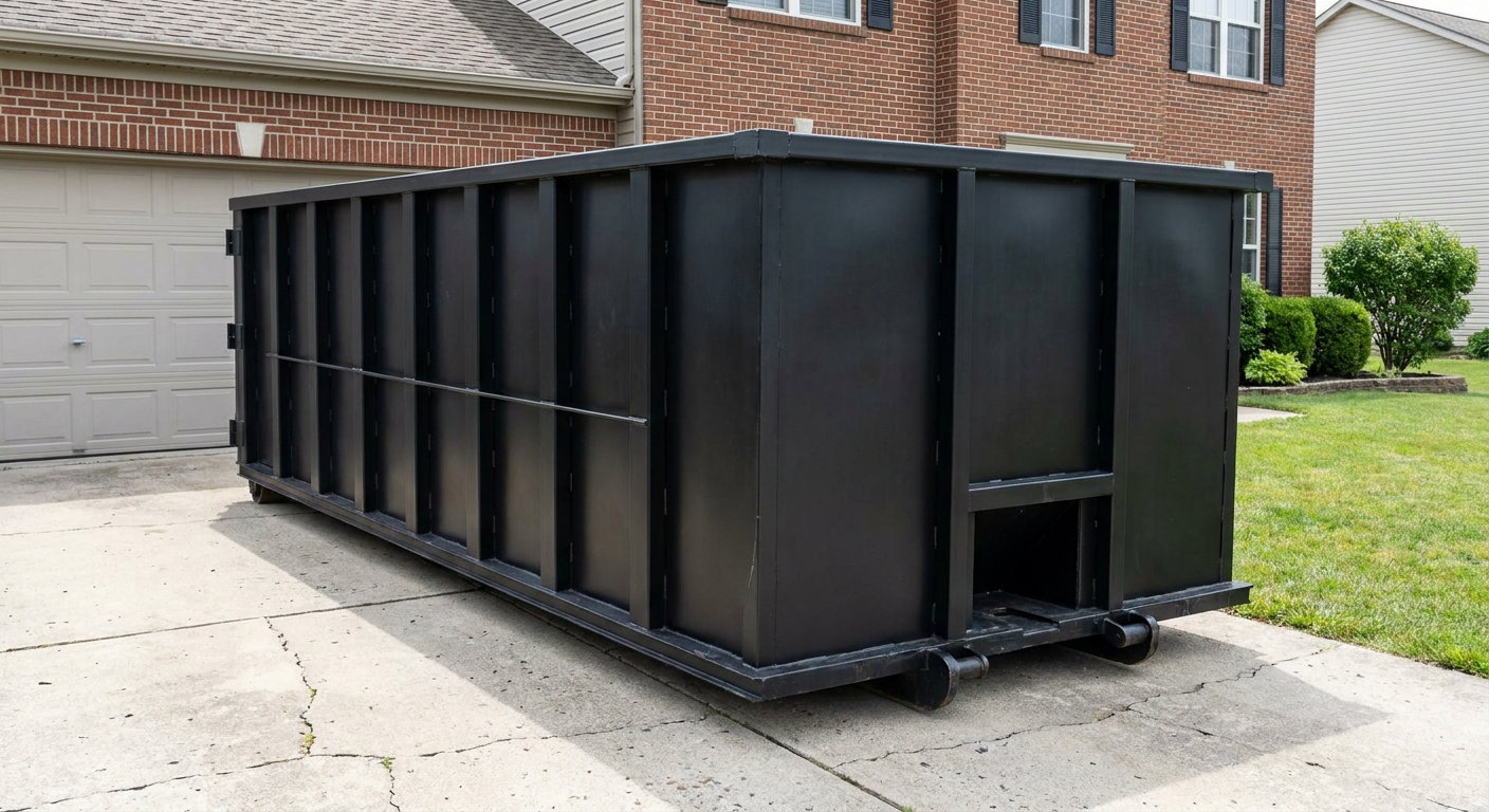 Matte-black 20-yard roll-off container on a Des Moines residential concrete driveway with reinforced ribbed steel sidewalls and a hinged rear walk-in door, clean bright daylight.