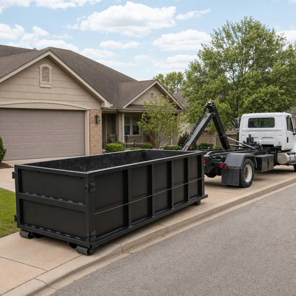 Wide documentary shot of a matte-black roll-off dumpster on a Des Moines residential driveway in the foreground and a contractor jobsite container in the soft-focus background, bright daylight, calm and orderly composition.